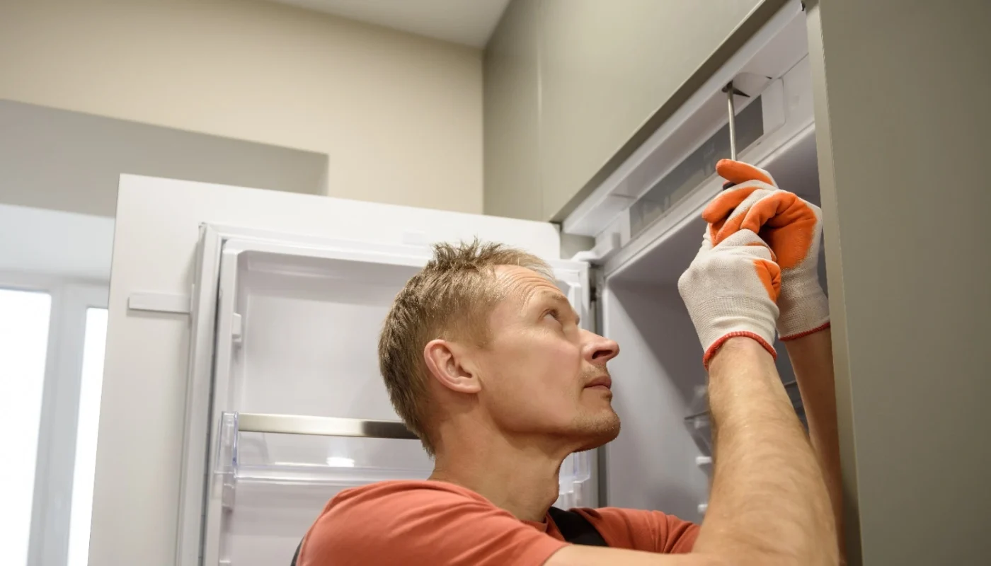 Appliance Repair technician fixing a Sub-Zero refrigerator in Los Angeles kitchen